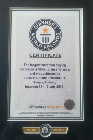 Guinness World Records Certificate - The longest marathon playing accordion lasted 40 hours 3 minutes 10 seconds and was achieved by Anssi K Laitinen (Finland) at Kuopio Club, Kuopio, Finland from 11 July to 13 July 2018